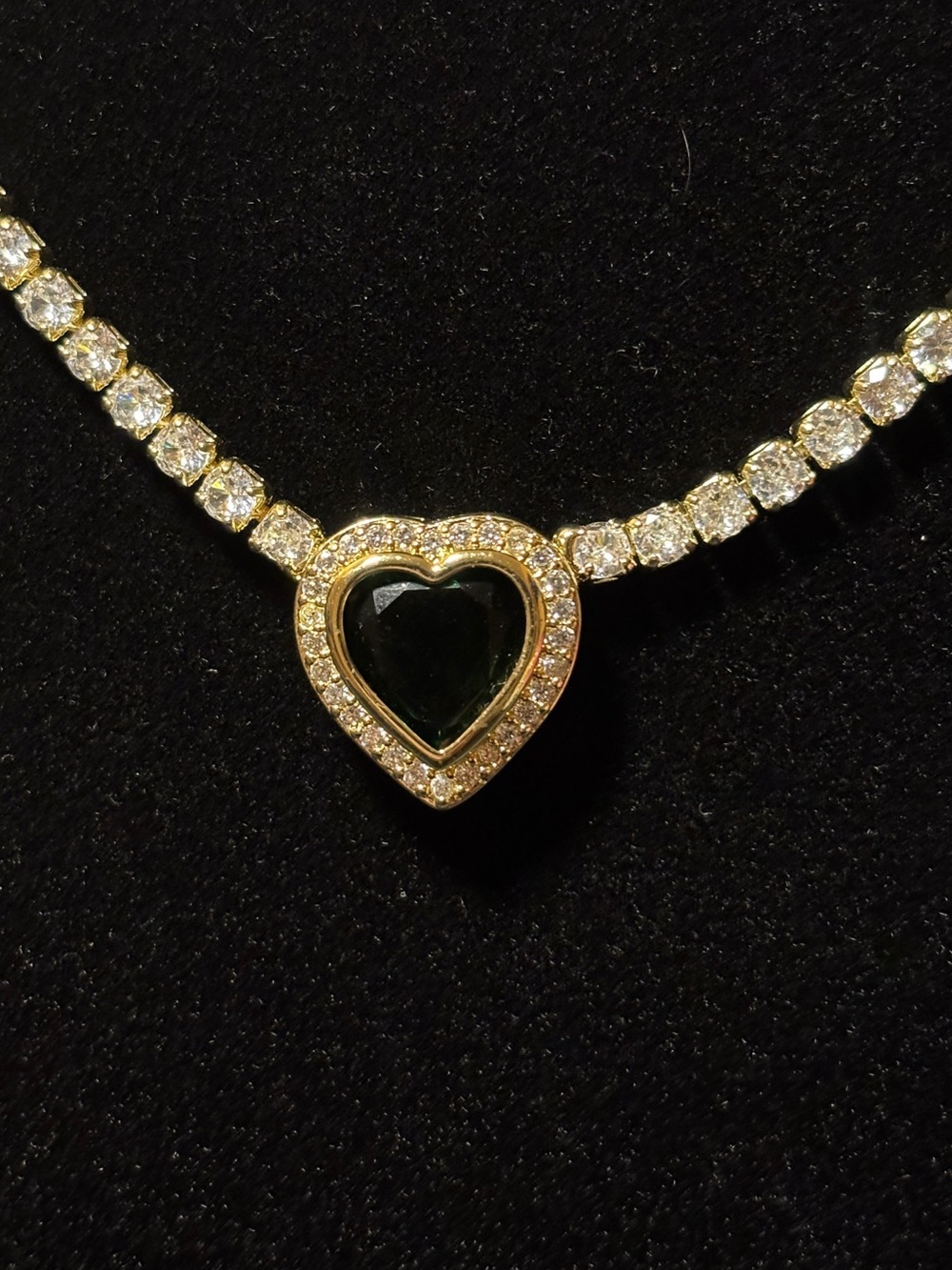 3.2mm Yellow Gold Emerald Green Heart Halo CZ Tennis Necklace 19in. - Picture 14 of 16